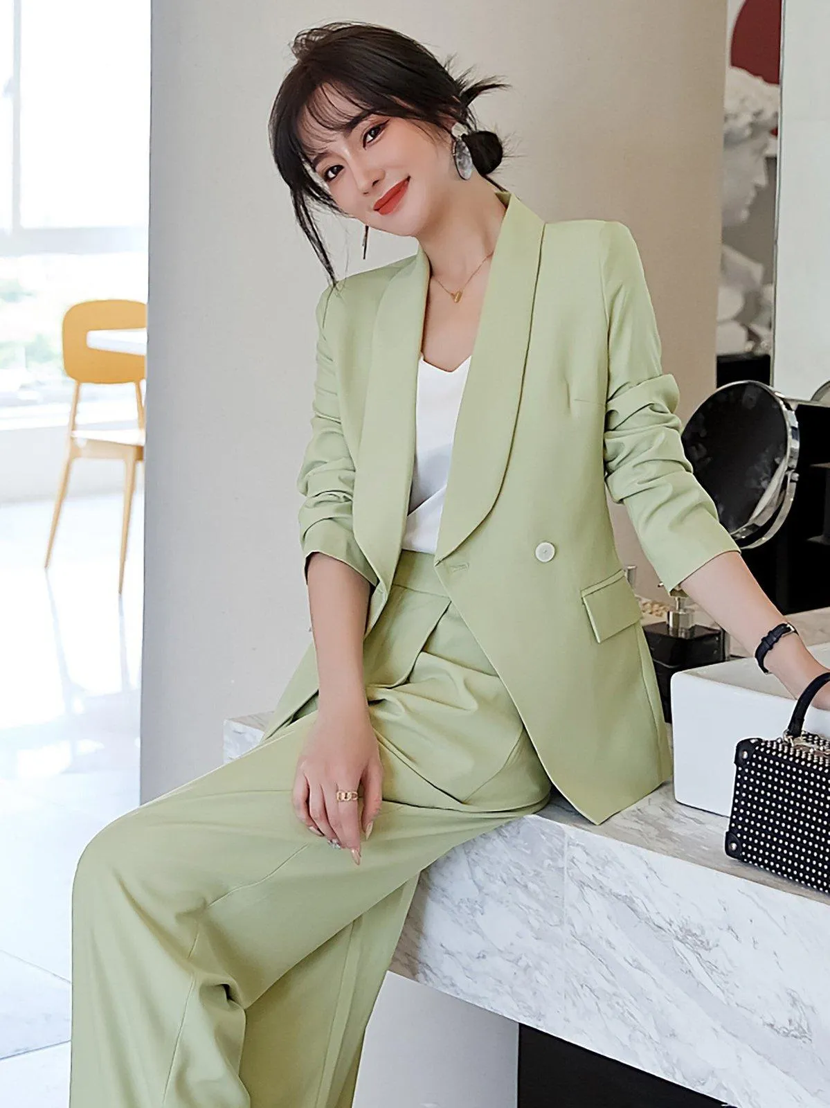 Women's Shawl Collar Blazer Flare Leg Pants Suit Set