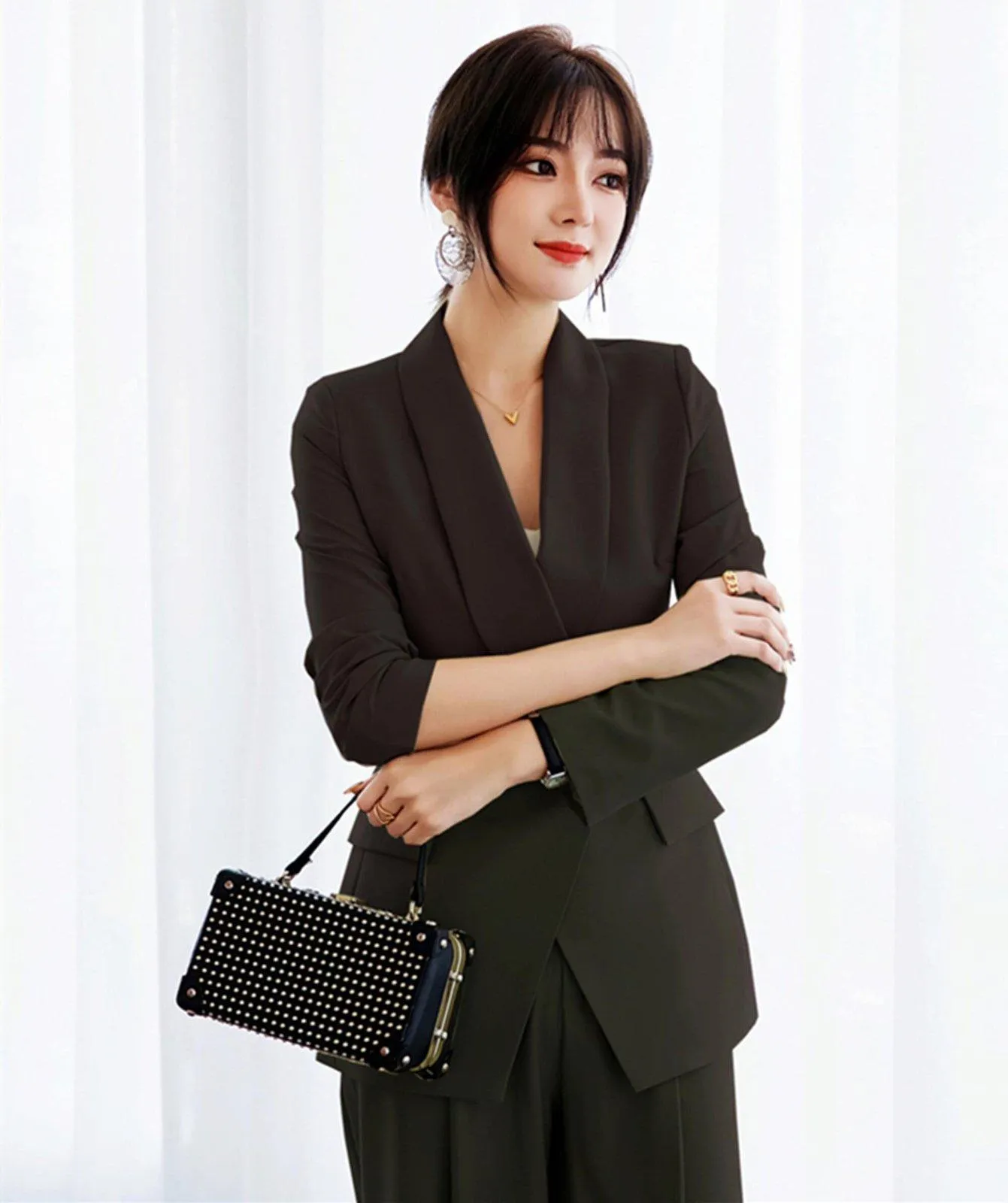 Women's Shawl Collar Blazer Flare Leg Pants Suit Set